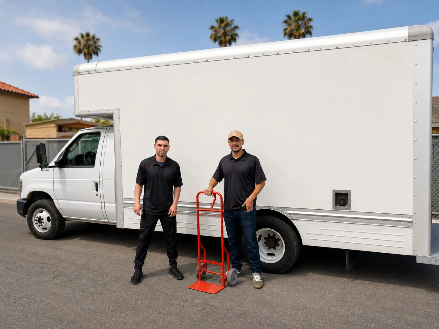 Premium Movers crew standing by the moving truck with a hand truck