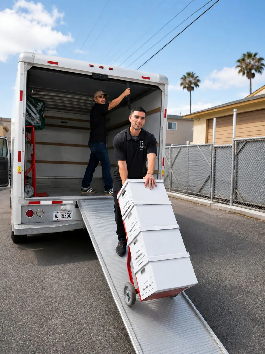 Premium Movers crew loading boxes up the truck ramp