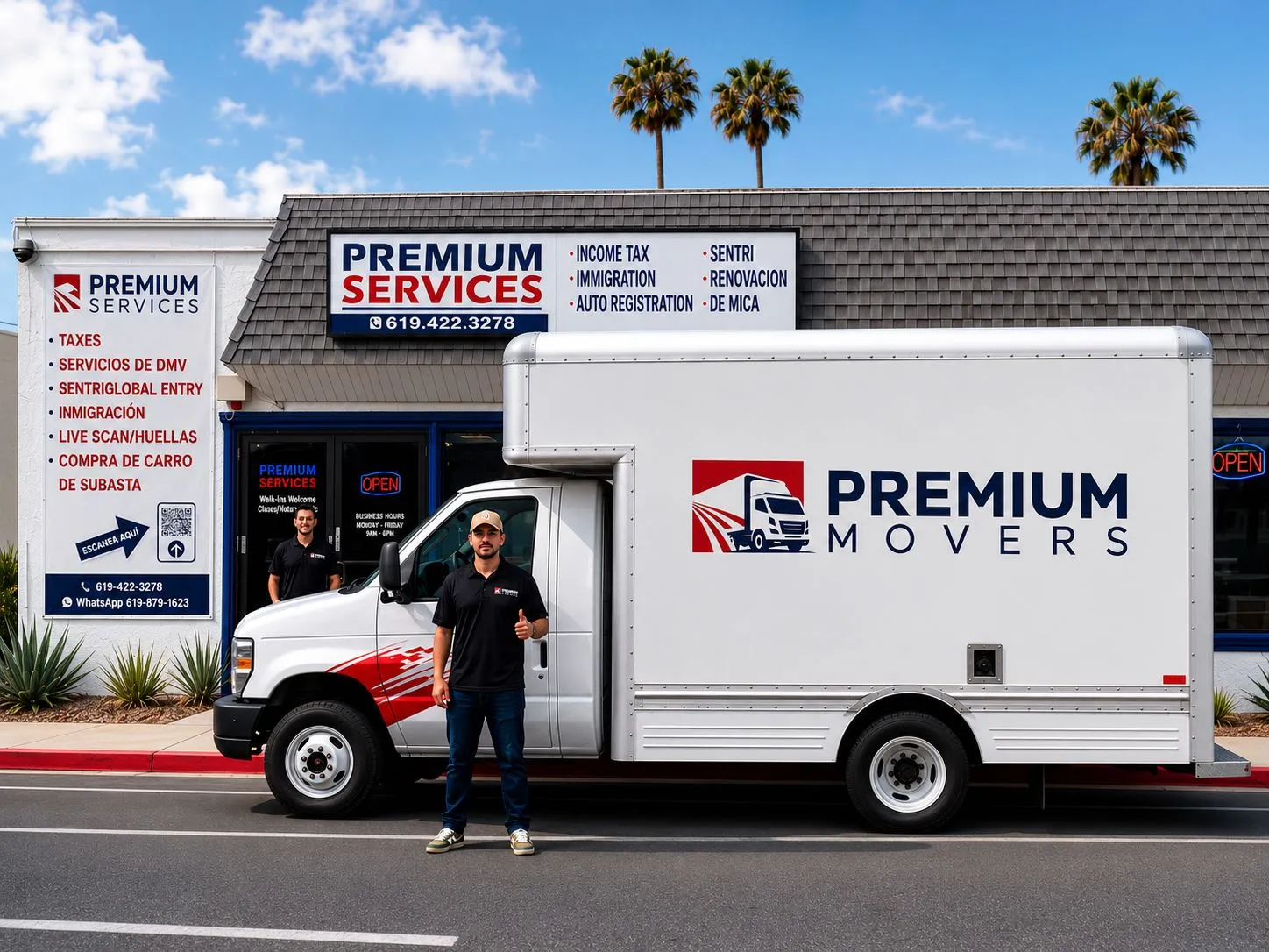 Premium Movers truck and owner in front of the Chula Vista office