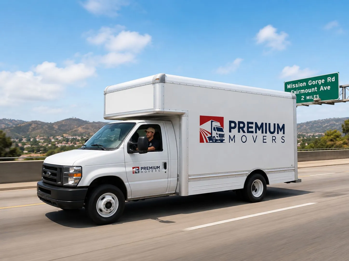 Premium Movers branded box truck driving on a San Diego highway